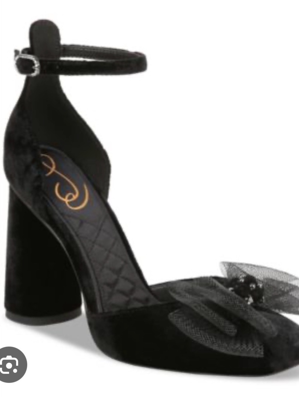 Sam Edelman Black Velvet Ankle-Strap Block Heel with Tulle Bow